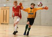 4 December 2018; Ross Bradley of St. Columba's College, Stranorlar, Donegal in action against Oran Murphy of Mercy Secondary School, Tralee, Kerry during the Post-Primary Schools National Futsal Finals match between /St. Columba's College, Stranorlar, Donegal and Mercy Secondary School, Tralee, Kerry at Waterford IT Sports Arena in Waterford. Photo by Eóin Noonan/Sportsfile