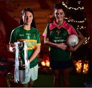 4 December 2018; Captains, Shauna Henry of Tourlestrane, left, with the Ladies All-Ireland Junior Club Championship Perpetual Cup and Amy Turpin of Glanmire during the 2018 All-Ireland Ladies Club Football Finals Captains Day at Croke Park in Dublin. Photo by David Fitzgerald/Sportsfile