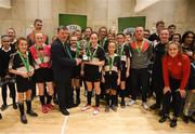 4 December 2018; St. Attracta's Community School, Tubbercurry, Sligo captain Jessica Casey being presented with the cup by FAI President Donal Conway after the Post-Primary Schools National Futsal Final at Waterford IT Sports Arena in Waterford. Photo by Eóin Noonan/Sportsfile