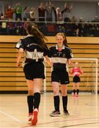 4 December 2018; Ciara Brennan of St. Attracta's Community School, Tubbercurry, Sligo celebrates with team-mate Jessica Casey after she scored their side's second goal during the Post-Primary Schools National Futsal Finals match between St. Attracta's Community School, Tubbercurry, Sligo and Coláiste Chiaráin, Leixlip, Kildare at Waterford IT Sports Arena in Waterford. Photo by Eóin Noonan/Sportsfile