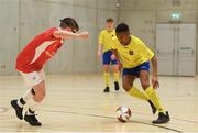 4 December 2018; Believe Igharo of St. Louis Community School, Kiltimagh, Mayo in action against Ruairí O'Callaghan of St. Columba's College, Stranorlar, Donegal during the Post-Primary Schools National Futsal Finals match between St. Columba's College, Stranorlar, Donegal and St. Louis Community School, Kiltimagh, Mayo at Waterford IT Sports Arena in Waterford. Photo by Eóin Noonan/Sportsfile