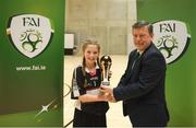 4 December 2018; Pixie O'Hara of St. Attracta's Community School, Tubbercurry, Sligo, is presented with the player of the tournament award by FAI president Donal Conway after the Post-Primary Schools National Futsal Finals at Waterford IT Sports Arena in Waterford. Photo by Eóin Noonan/Sportsfile