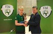 4 December 2018; Odhran Ferris of Mercy Secondary School, Tralee, Kerry, is presented with the player of the tournament award by FAI president Donal Conway after the Post-Primary Schools National Futsal Finals at Waterford IT Sports Arena in Waterford. Photo by Eóin Noonan/Sportsfile