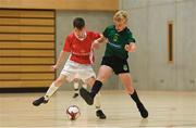 4 December 2018; Odhran Bonar of St. Columba's College, Stranorlar, Donegal in action against Odhran Ferris of Mercy Secondary School, Tralee, Kerry during the Post-Primary Schools National Futsal Finals match between Mercy Secondary School, Tralee, Kerry and St. Columba's College, Stranorlar, Donegal at Waterford IT Sports Arena in Waterford. Photo by Eóin Noonan/Sportsfile