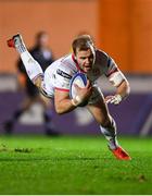 7 December 2018; Will Addison of Ulster dives over to score his side's third try during the European Rugby Champions Cup Pool 4 Round 3 match between Scarlets and Ulster at Parc Y Scarlets in Llanelli, Wales. Photo by Ramsey Cardy/Sportsfile
