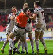 7 December 2018; Marcell Coetzee of Ulster celebrates with teammates after scoring his side's fourth try during the European Rugby Champions Cup Pool 4 Round 3 match between Scarlets and Ulster at Parc Y Scarlets in Llanelli, Wales. Photo by Ramsey Cardy/Sportsfile