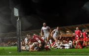 7 December 2018; Marcell Coetzee of Ulster dives over to score his side's fourth try during the European Rugby Champions Cup Pool 4 Round 3 match between Scarlets and Ulster at Parc Y Scarlets in Llanelli, Wales. Photo by Ramsey Cardy/Sportsfile