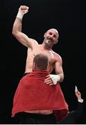 7 December 2018; Gary 'Spike' O'Sullivan celebrates following his middleweight contest with Gabor Gorbics at The Royal Theatre in Castlebar, Mayo. Photo by Stephen McCarthy/Sportsfile