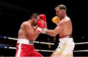 7 December 2018; Roy Sheahan, right, and Marian Cazacu during their middleweight contest at The Royal Theatre in Castlebar, Mayo. Photo by Stephen McCarthy/Sportsfile