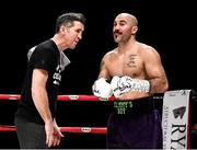 7 December 2018; Gary 'Spike' O'Sullivan with trainer Packie Collins prior to his middleweight contest with Gabor Gorbics at The Royal Theatre in Castlebar, Mayo. Photo by Stephen McCarthy/Sportsfile