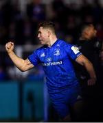 8 December 2018; Jordan Larmour of Leinster celebrates after scoring his side's second try during the European Rugby Champions Cup Pool 1 Round 3 match between Bath and Leinster at the Recreation Ground in Bath, England. Photo by Ramsey Cardy/Sportsfile