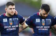 8 December 2018; Quentin Walcker, left, and Pierre Lucas of Perpignan during a minutes silence to honour former Perpignan player Barend Britz, who died recently, before the European Rugby Challenge Cup Pool 3 Round 3 match between Connacht and Perpignan at the Sportsgrounds in Galway. Photo by Piaras Ó Mídheach/Sportsfile