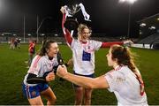 8 December 2018; Niamh Hetherton, left, Sarah Murphy, centre, and Katie Murray of Clontarf celebrate with the cup following the All-Ireland Ladies Football Intermediate Club Championship Final match between Clontarf GAA and Emmet Óg at Parnell Park in Dublin. Photo by Stephen McCarthy/Sportsfile