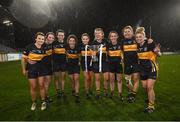 8 December 2018; Mourneabbey players who have won Junior, Intermediate and Senior All-Ireland titles, from left, Ciara Harrington, Róisín O'Sullivan, Rebecca Larkin, Ciara O'Sullivan , Eimear Harrington, Cathy Ann Stack, Sandra Conroy, Sile O'Callaghan and Kathryn Coakley following the All-Ireland Ladies Football Senior Club Championship Final match between Foxrock-Cabinteely, Dublin, and Mourneabbey, Cork, at Parnell Park in Dublin. Photo by Stephen McCarthy/Sportsfile