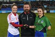 8 December 2018; Referee Seamus Mulvihill with Clontarf captain Sarah Murphy and Emmet Óg captain Nicole Rooney prior to the All-Ireland Ladies Football Intermediate Club Championship Final match between Clontarf GAA, Dublin, and Emmet Óg, Monaghan, at Parnell Park in Dublin. Photo by Stephen McCarthy/Sportsfile