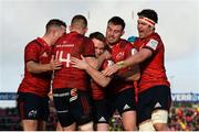 9 December 2018; Rory Scannell of Munster is congratulated by team-mates JJ Hanrahan, Andrew Conway, Niall Scannell, and Billy Holland, after scoring his side's first try during the European Rugby Champions Cup Pool 2 Round 3 match between Munster and Castres at Thomond Park in Limerick. Photo by Diarmuid Greene/Sportsfile