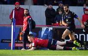 9 December 2018; Rory Scannell of Munster goes over to score his side's first try during the European Rugby Champions Cup Pool 2 Round 3 match between Munster and Castres at Thomond Park in Limerick. Photo by Brendan Moran/Sportsfile