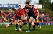 9 December 2018; Conor Murray of Munster is tackled by Thibault Lassalle of Castres Olympique during the European Rugby Champions Cup Pool 2 Round 3 match between Munster and Castres at Thomond Park in Limerick. Photo by Diarmuid Greene/Sportsfile