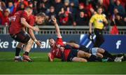 9 December 2018; JJ Hanrahan of Munster celebrates with team-mates Andrew Conway and Mike Haley after scoring his side's third try during the European Rugby Champions Cup Pool 2 Round 3 match between Munster and Castres at Thomond Park in Limerick. Photo by Diarmuid Greene/Sportsfile