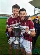 9 December 2018; Mullinalaghta St Columba's players David McGivney, left, and Simon Cadam celebrate with the cup after the AIB Leinster GAA Football Senior Club Championship Final match between Kilmacud Crokes and Mullinalaghta St Columba's at Bord na Móna O'Connor Park in Offaly. Photo by Daire Brennan/Sportsfile