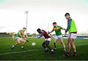 9 December 2018; Sean Petit of Westmeath, right, watches on from the 'sin bin' and Boidu Sayeh of Westmeath competes with Darragh Foley, left, and Daniel St Ledger of Carlow during the O'Byrne Cup Round 1 match between Carlow and Westmeath at Netwatch Cullen Park in Carlow. Photo by Stephen McCarthy/Sportsfile