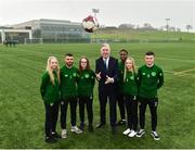 10 December 2018; John Delaney, CEO, Football Association of Ireland, with, from left, members of the FAI-ETB course Rebecca Ritchie, Michael Hearne, Clodagh Sutton, Daniel Olasunbo, Rachel Ritchie and Dylan Walsh in attendance during the Official opening of the FAI-ETB Waterford Centre at Waterford I.T. in Waterford. Photo by Matt Browne/Sportsfile