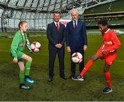 11 December 2018; SPAR, Ireland’s leading convenience retail group, and the Football Association of Ireland today announced a sponsorship agreement which will see SPAR renew as the Official Convenience Store of the FAI. The announcement took place at the Aviva Stadium with the Republic of Ireland’s new manager Mick McCarthy along with head coach of the Republic of Ireland Women's International Senior Team, Colin Bell in attendance. The partnership between SPAR and the FAI began in 2015 encompassing the Irish national football team and the hugely successful SPAR FAI Primary School 5s Programme. Pictured are, from left, Éabha Seery, age 12, from Clondalkin, Colin Bell, Republic of Ireland Women's National Team manager, Mick McCarthy, Republic of Ireland manager, and Murphy Alade, age 11, from Irishtown, during the 2018 SPAR and FAI Sponsorship Renewal at the Aviva Stadium in Dublin. Photo by Seb Daly/Sportsfile