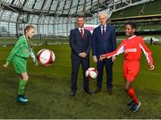 11 December 2018; SPAR, Ireland’s leading convenience retail group, and the Football Association of Ireland today announced a sponsorship agreement which will see SPAR renew as the Official Convenience Store of the FAI. The announcement took place at the Aviva Stadium with the Republic of Ireland’s new manager Mick McCarthy along with head coach of the Republic of Ireland Women's International Senior Team, Colin Bell in attendance. The partnership between SPAR and the FAI began in 2015 encompassing the Irish national football team and the hugely successful SPAR FAI Primary School 5s Programme. Pictured are, from left, Éabha Seery, age 12, from Clondalkin, Colin Bell, Republic of Ireland Women's National Team manager, Mick McCarthy, Republic of Ireland manager, and Murphy Alade, age 11, from Irishtown, during the 2018 SPAR and FAI Sponsorship Renewal at the Aviva Stadium in Dublin. Photo by Seb Daly/Sportsfile