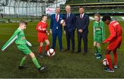 11 December 2018; SPAR, Ireland’s leading convenience retail group, and the Football Association of Ireland today announced a sponsorship agreement which will see SPAR renew as the Official Convenience Store of the FAI. The announcement took place at the Aviva Stadium with the Republic of Ireland’s new manager Mick McCarthy along with head coach of the Republic of Ireland Women's International Senior Team, Colin Bell in attendance. The partnership between SPAR and the FAI began in 2015 encompassing the Irish national football team and the hugely successful SPAR FAI Primary School 5s Programme. Pictured are, from left, Cameron Tormey, age 11, from Lucan, Alex Carrick, age 12, from Clondalkin, SPAR Sales Director Colin Donnelly, Mick McCarthy, Republic of Ireland manager, Colin Bell, Republic of Ireland Women's National Team manager, Éabha Seery, age 12, from Clondalkin, and Murphy Alade, age 11, from Irishtown, during the 2018 SPAR and FAI Sponsorship Renewal at the Aviva Stadium in Dublin. Photo by Seb Daly/Sportsfile