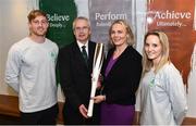 11 December 2018; In attendence, from left, are Arthur Lanigan-O’Keeffe, Ireland Modern Pentathlete, along with John Treacy, Chief Executive Sport Ireland, Sarah Keane, President of Olympic Federation of Ireland and Nicci Daly, Ireland International Hockey player as the Olympic Federation of Ireland & Sport Ireland Institute launch ground-breaking new performance support ahead of Tokyo 2020 at the Sports Ireland Institute, in Abbotstown, Dublin. Photo by Sam Barnes/Sportsfile