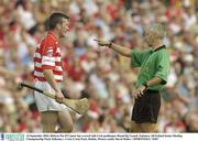 14 September 2003; Referee Pat O'Connor has a word with Cork goalkeeper Donal Og Cusack. Guinness All-Ireland Senior Hurling Championship Final, Kilkenny v Cork, Croke Park, Dublin. Picture credit; David Maher / SPORTSFILE *EDI*
