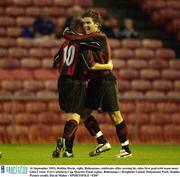 16 September 2003; Robbie Doyle, right, Bohemians, celebrates after scoring his sides first goal with team-mate Glen Crowe. FAI Carlsberg Cup Quarter-Final replay, Bohemians v Drogheda United, Dalymount Park, Dublin. Picture credit; David Maher / SPORTSFILE *EDI*