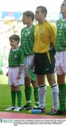 6 September 2003; The Republic of Ireland mascot pictured with team captain Kenny Cunningham. European Championship Group Ten qualifier, Republic of Ireland v Russia, Lansdowne Road, Dublin. Picture credit; David Maher / SPORTSFILE *EDI*