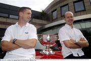 17 September 2003; Armagh captain Kieran McGeeney, left and Tyrone captain Peter Canavan with the Sam Maguire cup at a photocall to announce that the All Ireland Football Final winners will receive a Toyota Corolla and losing team will receive a Toyota Yaris. Toyota Motor Centre, Ballsbridge, Dublin. Picture credit; David Maher / SPORTSFILE *EDI*
