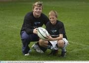 19 September 2003; Leinster and Ireland centre Brian O'Driscoll launched the inaugural Powerade Rugby Skills Challenge at Donnybrook. The initiative will run in Leinster schools and is aimed at rugby players in 1st and 2nd year. Brian is pictured with Tighernach Murphy from Blackrock College, at the launch. Picture credit; Brendan Moran / SPORTSFILE *EDI*