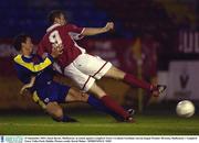 19 September 2003; Jason Byrne, Shelbourne, in action against Longford Town's Graham Gartland. eircom league Premier Division, Shelbourne v Longford Town, Tolka Park, Dublin. Picture credit; David Maher / SPORTSFILE *EDI*