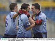 21 September 2003; Alan Brogan, centre, Dublin, celebrates after scoring his sides second goal with team-mates Declan Lally, right, and Declan O'Mahony. All-Ireland U21 Football Championship Semi-Final, Dublin v Waterford, Semple Stadium, Thurles. Picture credit; David Maher / SPORTSFILE *EDI*