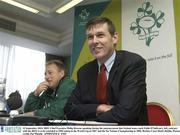 22 September 2003; IRFU Chief Executive Philip Browne speaking during the announcement that Ireland team coach Eddie O'Sullivan's, left, contract with the IRFU is to be extended to 2008 taking in the World Cup in 2007 and the Six Nations Championship in 2008. Berkeley Court Hotel, Dublin. Picture credit; Pat Murphy / SPORTSFILE *EDI*