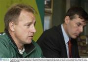 22 September 2003; Ireland team coach Eddie O'Sullivan speaking during the announcement that his contract with the IRFU is to be extended to 2008 taking in the World Cup in 2007 and the Six Nations Championship in 2008 as IRFU Chief Executive Philip Browne, right, watches on. Berkeley Court Hotel, Dublin. Picture credit; Pat Murphy / SPORTSFILE *EDI*