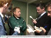 22 September 2003; Ireland team coach Eddie O'Sullivan is interviewed by journalists after the announcement that his contract with the IRFU is to be extended to 2008 taking in the World Cup in 2007 and the Six Nations Championship in 2008. Berkeley Court Hotel, Dublin. Picture credit; Pat Murphy / SPORTSFILE *EDI*