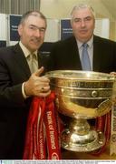 23 September 2003; Armagh manager Joe Kernan, right, and Tyrone manager Mickey Harte hold the Sam Maguire Cup after a press conference before Sunday's Bank of Ireland All-Ireland Senior Football Championship Final. Linen Hall Library, Belfast. Picture credit; David Maher / SPORTSFILE *EDI*
