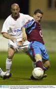 23 September 2003; Mark Quinless, Drogheda United, in action against Shelbourne's Dave Rodgers. eircom League Premier Division, Drogheda United v Shelbourne, O2 Park, Drogheda, Co, Louth. Picture credit; Matt Browne / SPORTSFILE *EDI*
