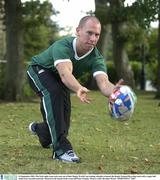 24 September 2003; The Irish rugby team took time out of their Rugby World Cup training schedule to launch the Repak National Recycling week with a rugby ball made from recycled materials. Pictured at the launch Irish scrum half Peter Stringer. Picture credit; Brendan Moran / SPORTSFILE *EDI*