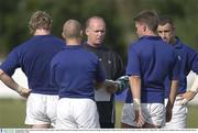 25 September 2003; Assistant coach Declan Kidney speaks to Brian O'Driscoll, Peter Stringer, Ronan O'Gara and Kevin Maggs during squad training. Irish Pre World Cup Rugby training, Terenure College RFC, Lakelands Park, Dublin. Picture credit; Brendan Moran / SPORTSFILE *EDI*