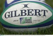 25 September 2003; The Gilbert rugby ball, official ball to the Rugby World Cup 2003. Irish Pre World Cup Rugby training, Terenure College RFC, Lakelands Park, Dublin. Picture credit; Brendan Moran / SPORTSFILE *EDI*