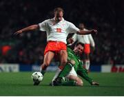 13 December 1995; Republic of Ireland's John Sheridan in action against Denis Bergkamp, Netherlands. European Soccer Championship Qualifying Play-off, Anfield, Liverpool, England. Photo by David Maher/Sportsfile