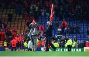 13 December 1995; Republic of Ireland manager Jack Charlton, right, and assistant Maurice Setters applaud the crowd after their side were defeated by Netherlands. European Soccer Championship Qualifying Play-off, Anfield, Liverpool, England. Photo by David Maher/Sportsfile