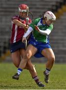 24 March 2018; Niamh Donnellan of Athenry in action against Elen Morgan of Johnstownbridge during the AIB All-Ireland Intermediate Club Camogie Final match between Athenry and Johnstownbridge at St Tiernach's Park in Clones, Monaghan. Photo by Oliver McVeigh/Sportsfile