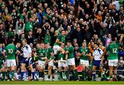 10 March 2018; Ireland players and supporters celebrate after Sean Cronin scored their side's fourth try during the NatWest Six Nations Rugby Championship match between Ireland and Scotland at the Aviva Stadium in Dublin. Photo by Brendan Moran/Sportsfile