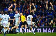 12 May 2018; James Ryan, left, Jack Conan and Scott Fardy of Leinster charge down a last minute drop goal attempt by Remi Tales of Racing 92 during the European Rugby Champions Cup Final match between Leinster and Racing 92 at the San Mames Stadium in Bilbao, Spain. Photo by Ramsey Cardy/Sportsfile